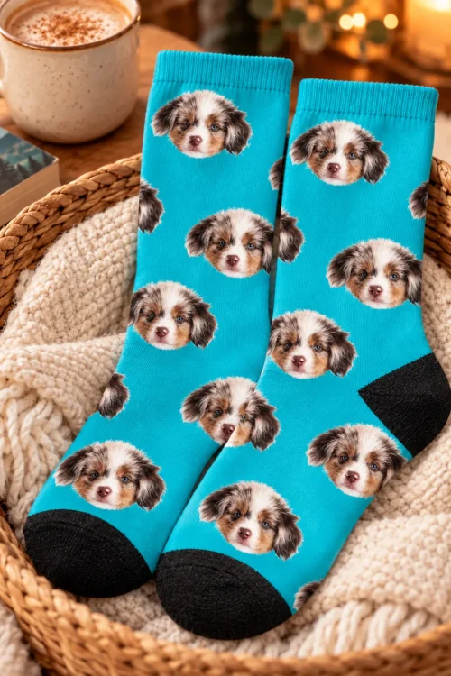 Teal socks with puppy faces in a woven basket beside a cup of coffee