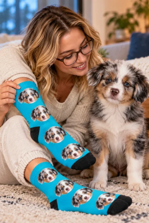 Woman in glasses pulling up a teal sock with puppy faces next to her Aussie puppy