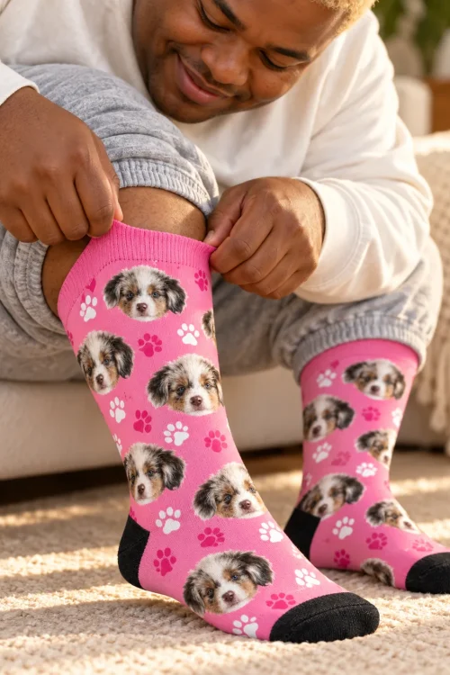 Man pulling on bright pink cute dog socks with paws and puppy faces