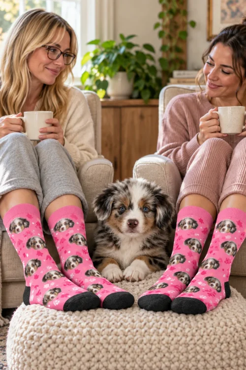 Two friends with mugs, feet on a pouf in pink paw socks, a puppy between them