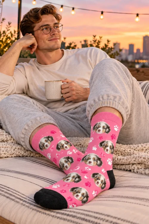 Man with a mug on a rooftop at sunset wearing cute pink dog socks with paws