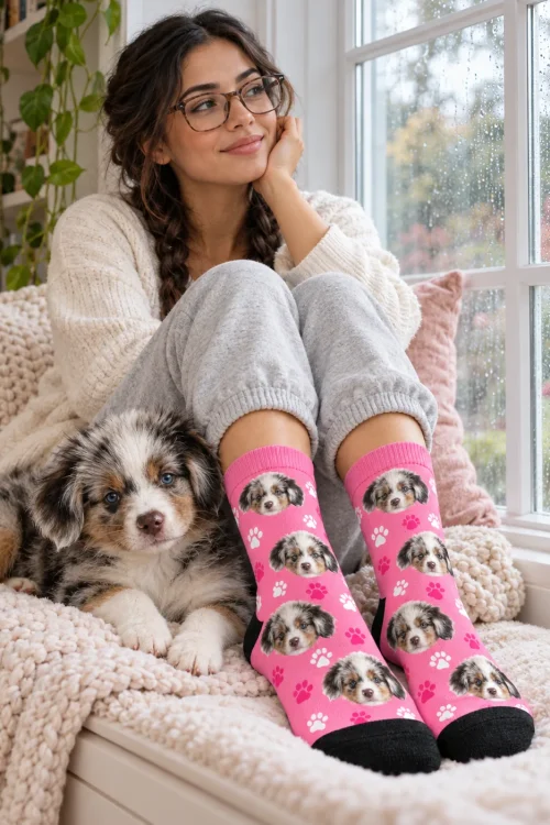 Woman by a rainy window with her Aussie puppy, wearing pink dog socks with its face