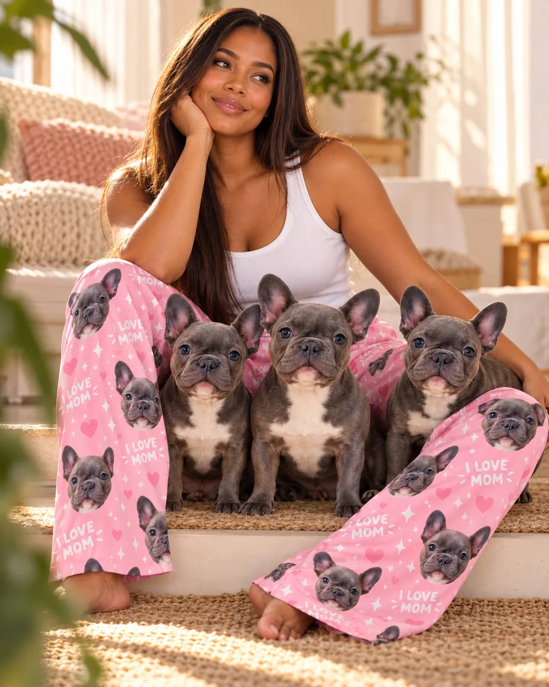 Cute pajamas for women: woman in pink I love Mom pajama pants with French bulldog faces beside three French bulldogs