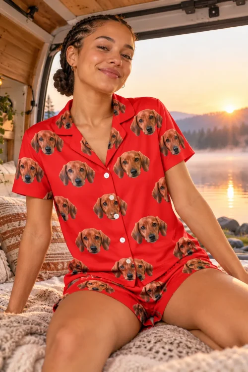 Woman sitting in an open camper van at a sunrise lake, wearing a red dachshund pajama set
