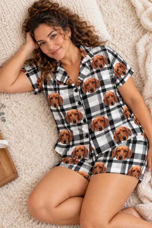 Woman lying on a fluffy rug in a white plaid dachshund pajama set with faces on every panel