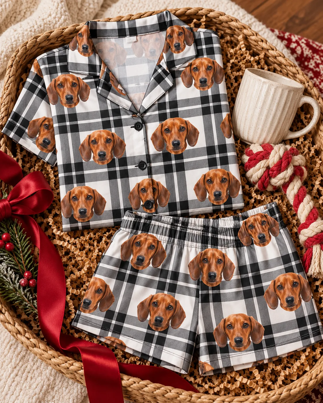 Folded white plaid dachshund pajama set in a gift basket with a red ribbon, a mug and a rope toy
