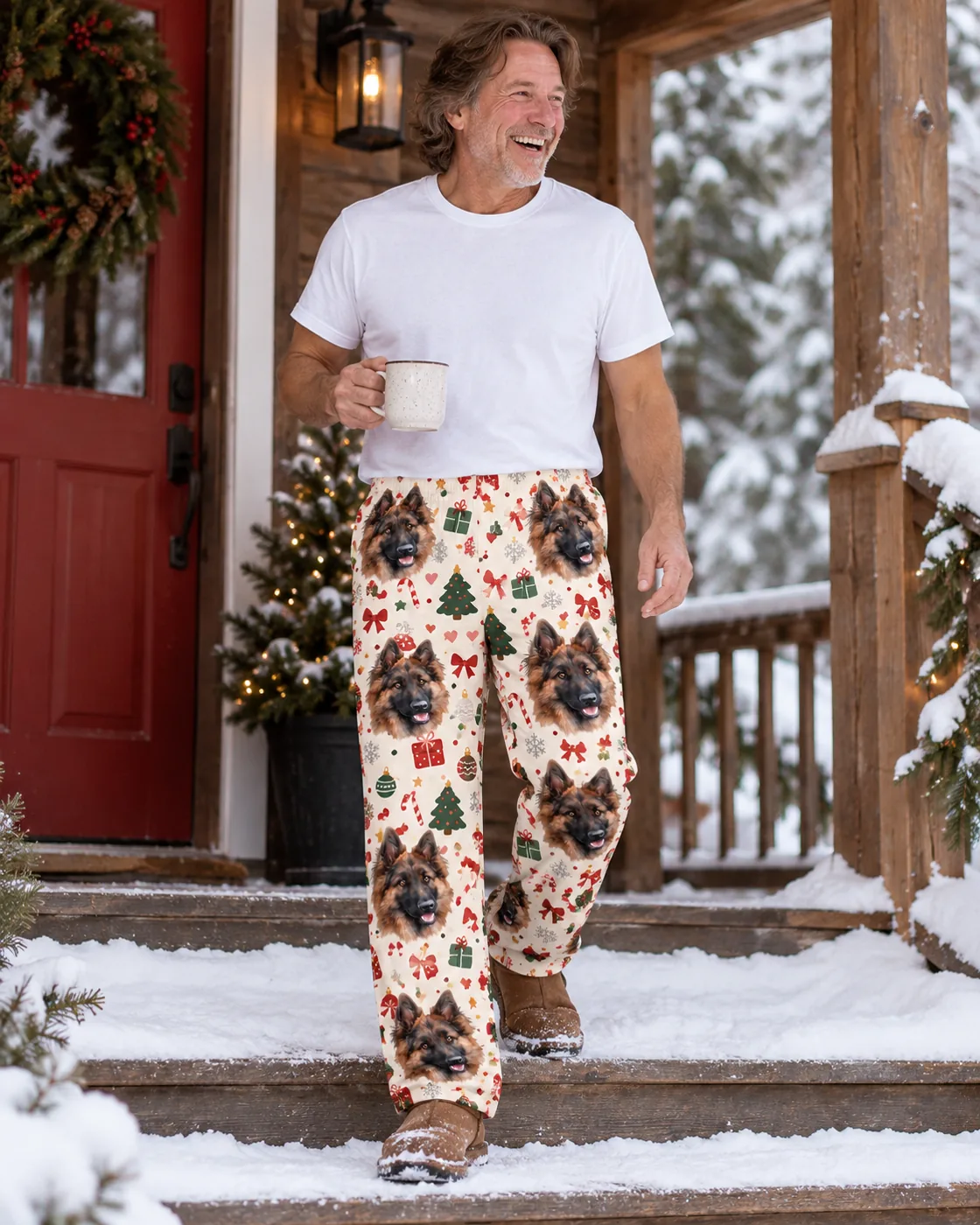 Man with a mug on snowy porch steps in men's cream Christmas pajamas with a dog face print
