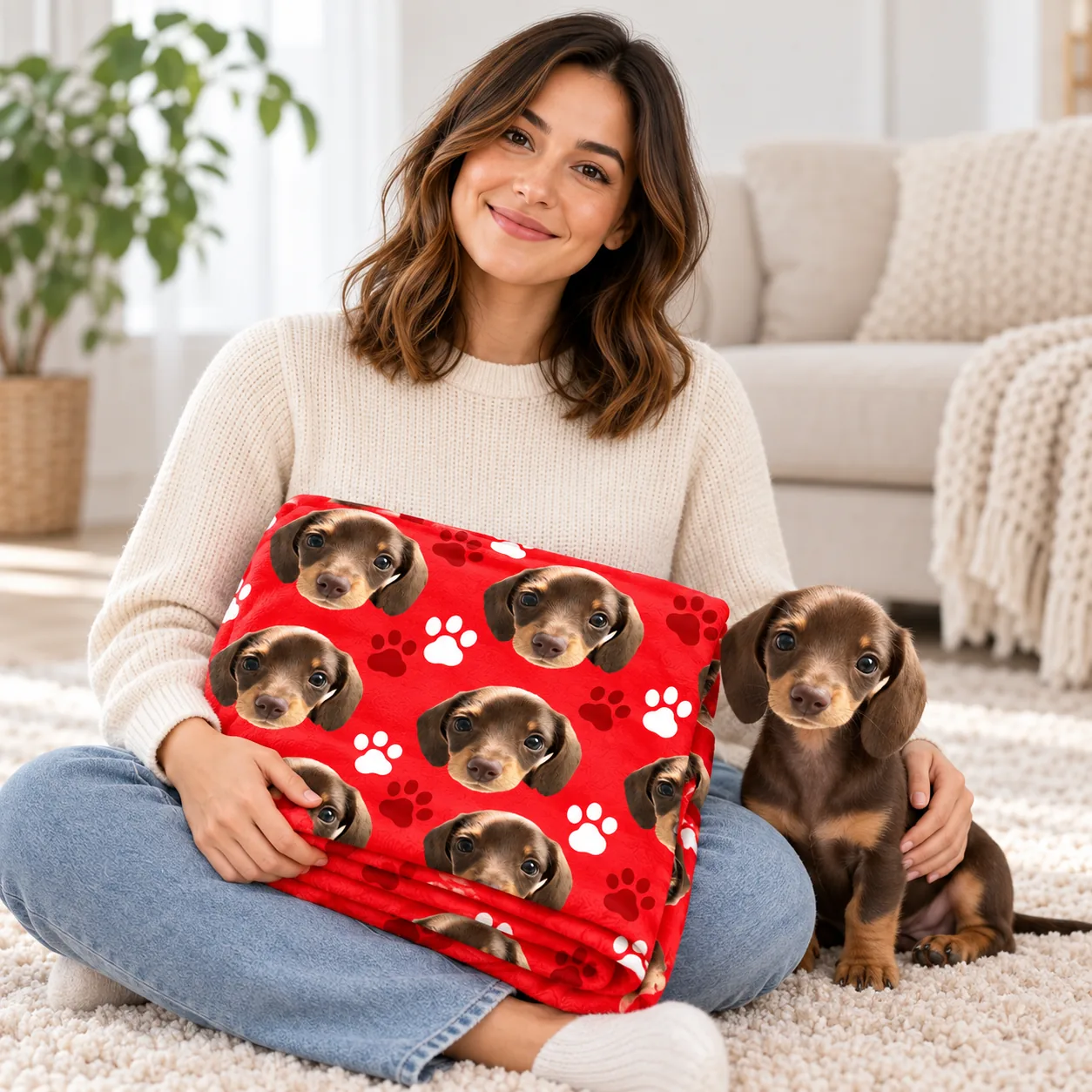 Woman holding a folded red blanket printed with her dachshund puppy, the puppy sitting beside her