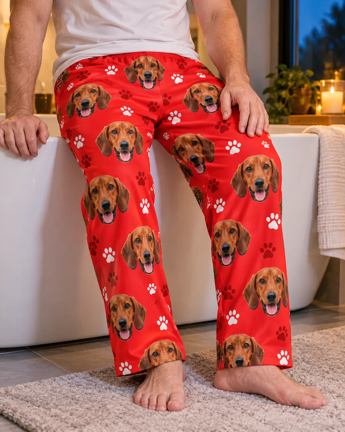 Man sitting on the edge of a bathtub, close view of red paws men's dachshund pajama pants