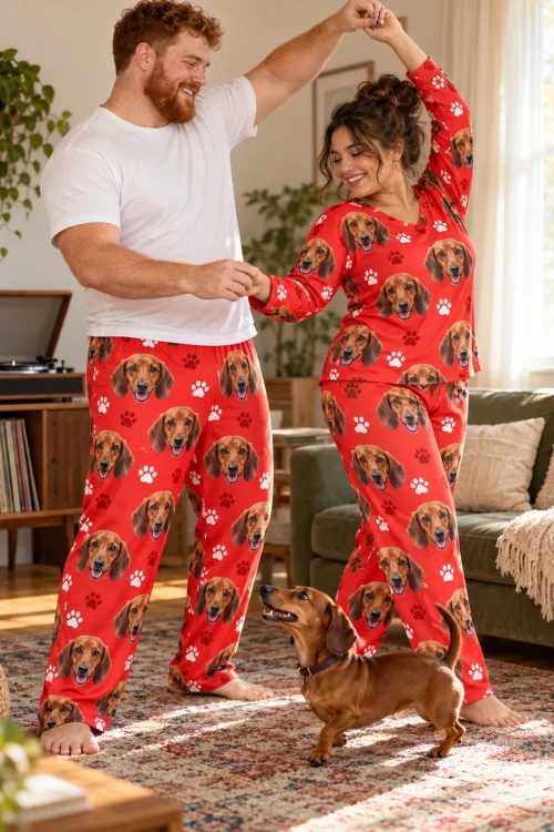 Couple dancing in the living room as their dachshund watches, his red paws dachshund pajama pants in front