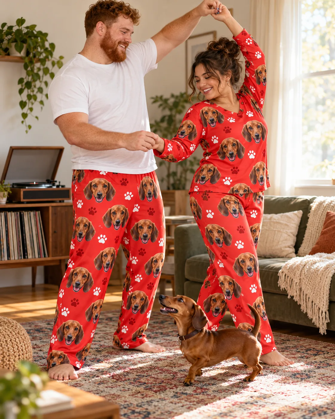Couple dancing in the living room as their dachshund watches, his red paws dachshund pajama pants in front