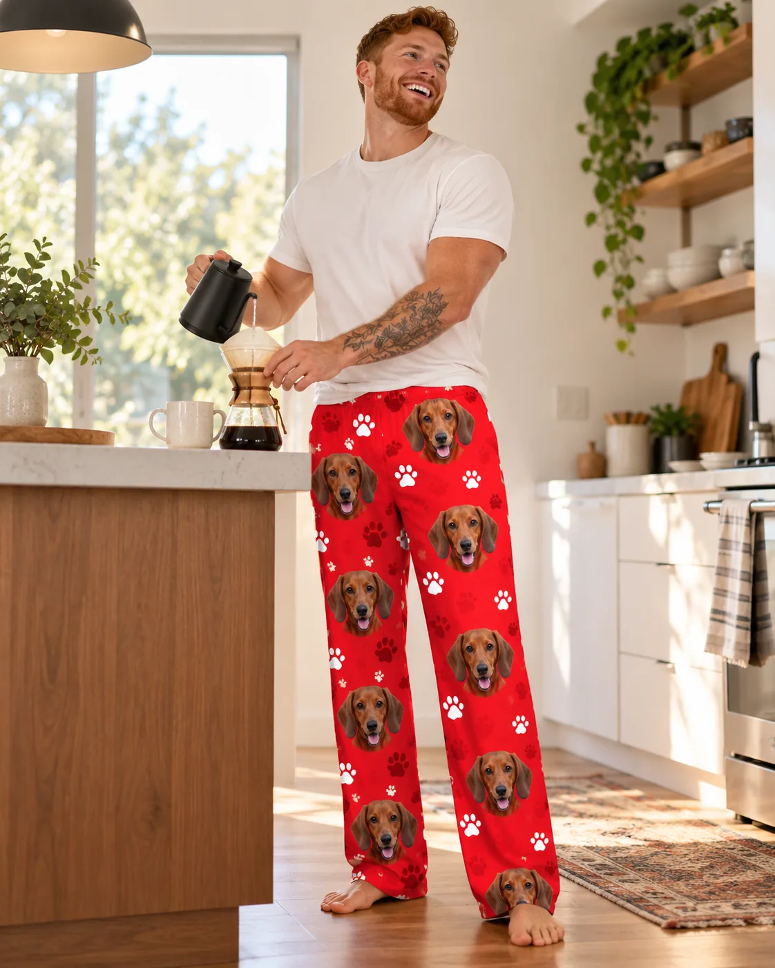 Man pouring coffee in a sunny kitchen in red paws dachshund pajama pants with doxie faces