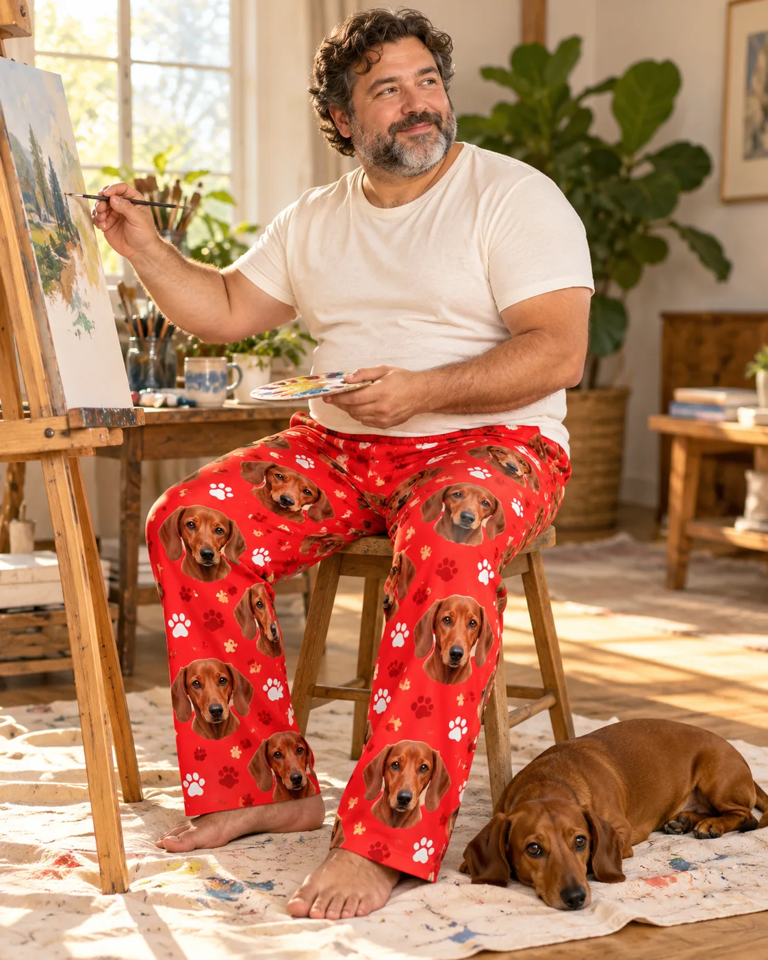 Men's Custom Dachshund Pajama Pants — red paws with pet | GenzOutfit Bearded man painting at an easel while his dachshund rests on the drop cloth, in red paws dachshund pajamas