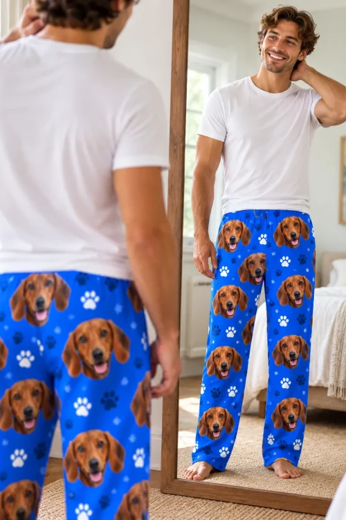 Man checking his royal blue paws dachshund pajamas for men in a tall bedroom mirror