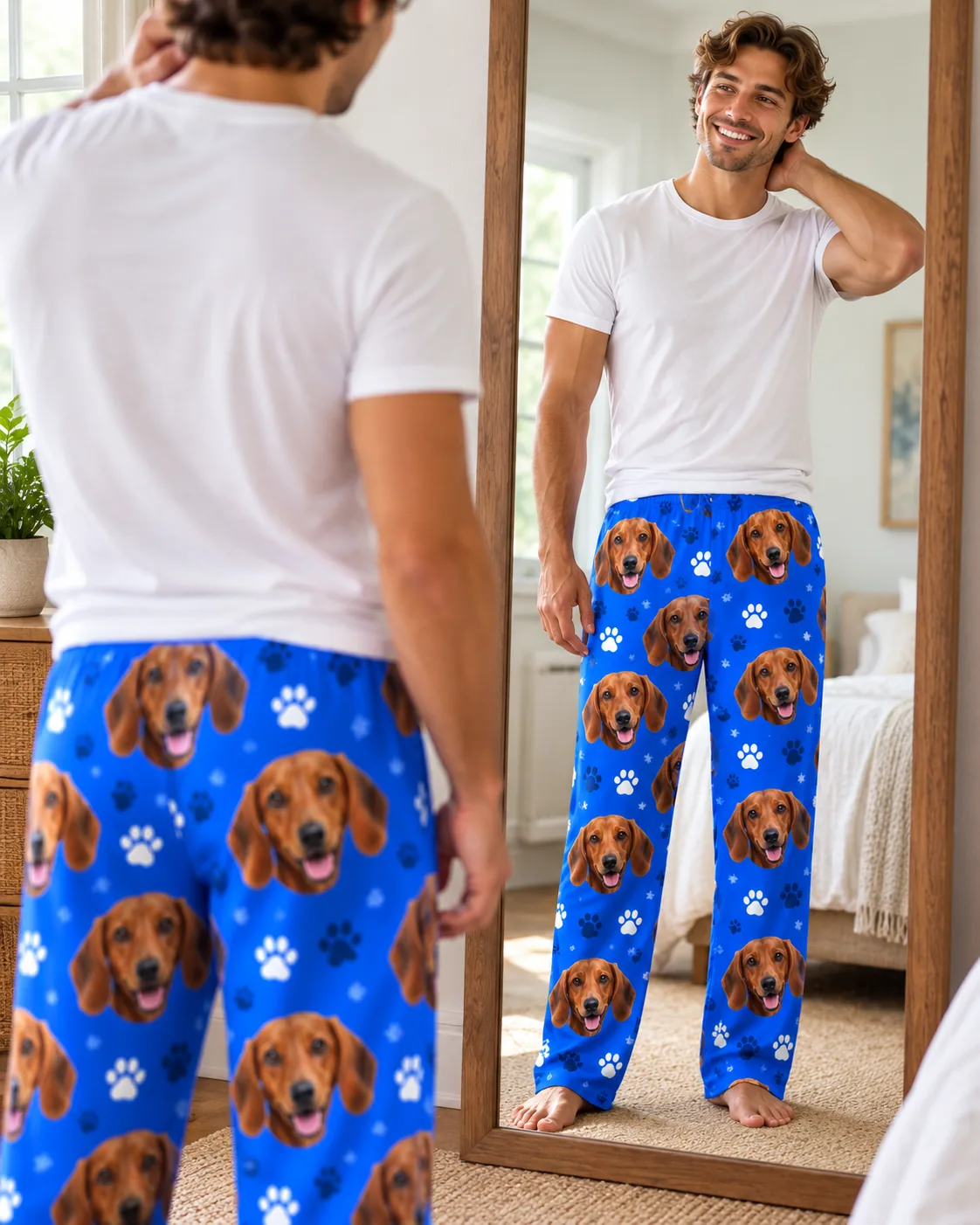 Men's Custom Dachshund Pajama Pants — royal blue paws detail | GenzOutfit Man checking his royal blue paws dachshund pajamas for men in a tall bedroom mirror