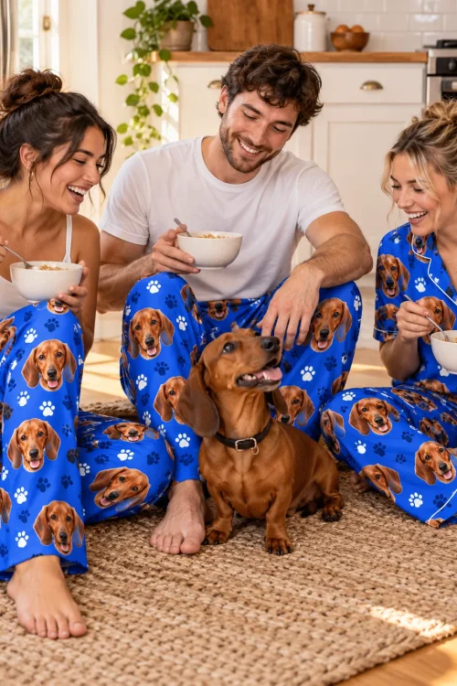 Three friends eating cereal on a kitchen rug around a dachshund, in royal blue paws dachshund pajamas