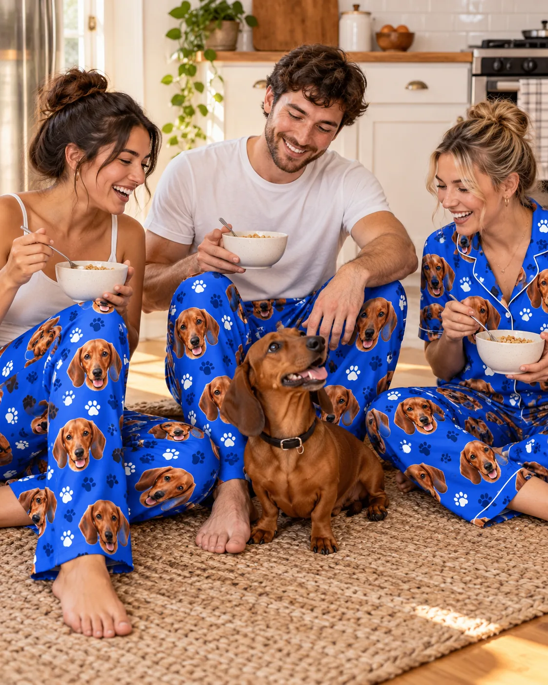 Men's Custom Dachshund Pajama Pants — royal blue paws family | GenzOutfit Three friends eating cereal on a kitchen rug around a dachshund, in royal blue paws dachshund pajamas