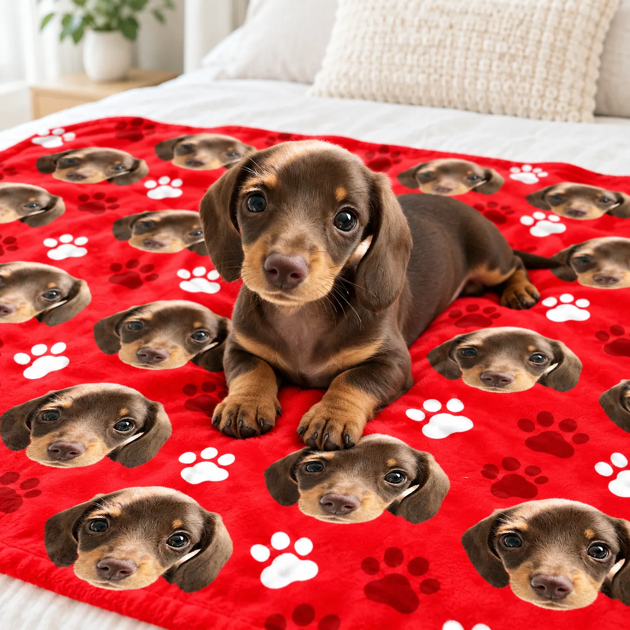 Dachshund puppy lying on a red blanket printed with its own face and paw prints