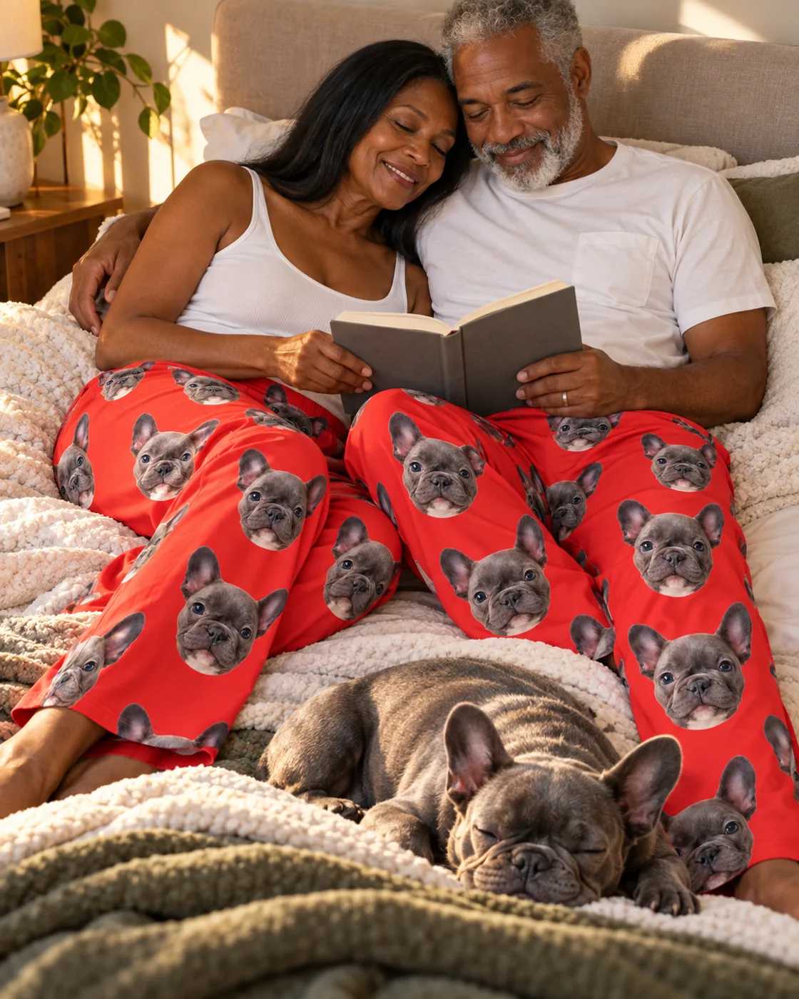 Pet face pajamas: couple reading on a sofa in red pajama pants with French bulldog faces as their dog sleeps on a blanket