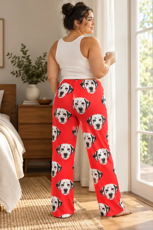 Back view of a woman with a mug at a bedroom window in red dalmatian pajama pants