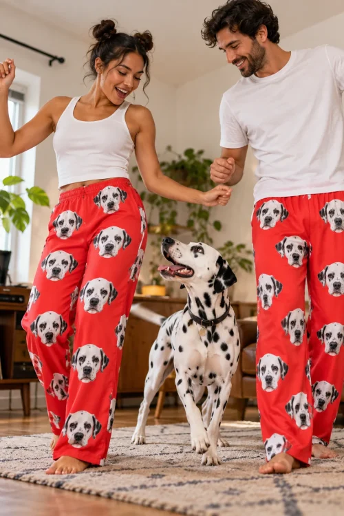 Couple dancing in the living room in red dalmatian pajama pants while their dalmatian joins in