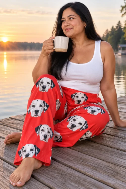 Woman with a mug on a lake dock at sunrise in red dalmatian pajamas for women