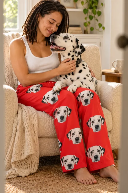 Woman cuddling her dalmatian in a cream armchair, wearing red dalmatian pajama pants
