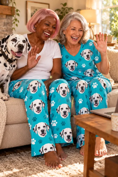 Two women waving at a video call on the sofa in teal paws dalmatian pajamas, their dalmatian beside them
