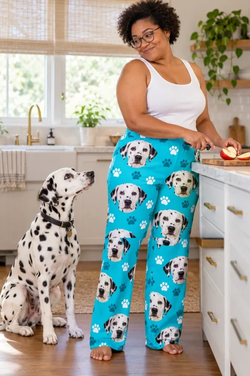 Woman slicing apples in a white kitchen in teal paws dalmatian pajamas as her dalmatian looks up