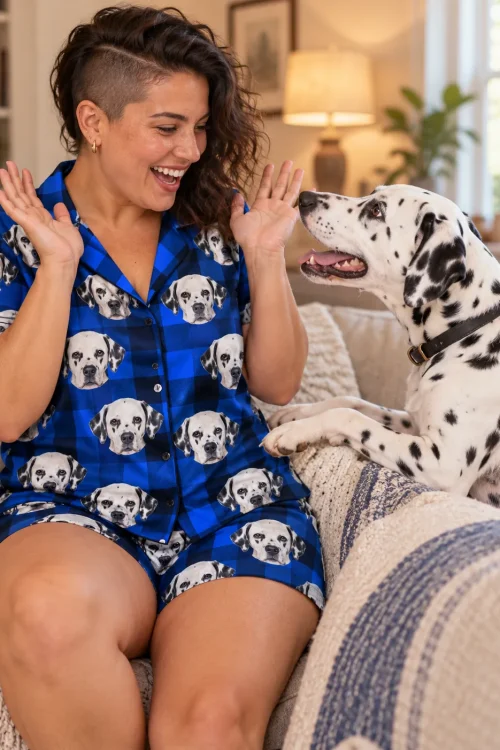 Laughing woman on the sofa greeting her dalmatian in a blue plaid dalmatian pj set