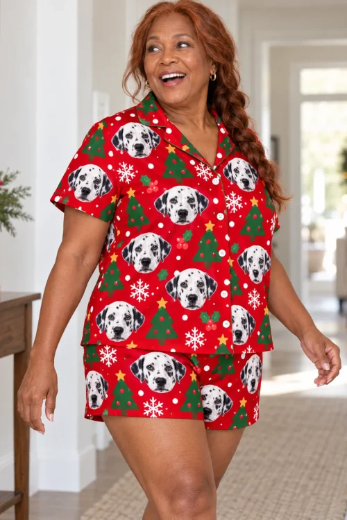 Woman walking down a bright hallway in a red Christmas dalmatian pj set with a tree print