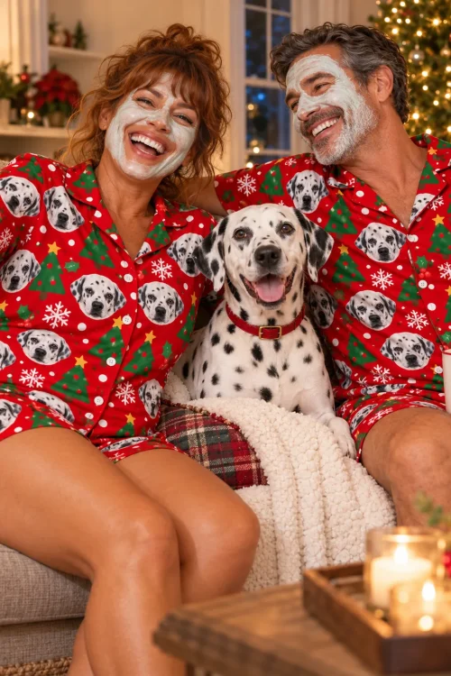 Couple wearing skincare masks on the sofa in Christmas dalmatian pj sets with their dalmatian