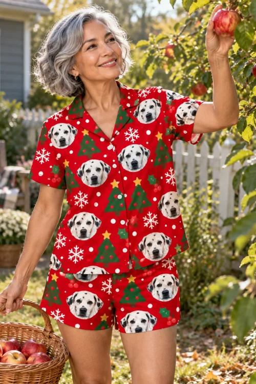 Gray-haired woman picking apples in a sunny backyard in a red Christmas dalmatian pj set