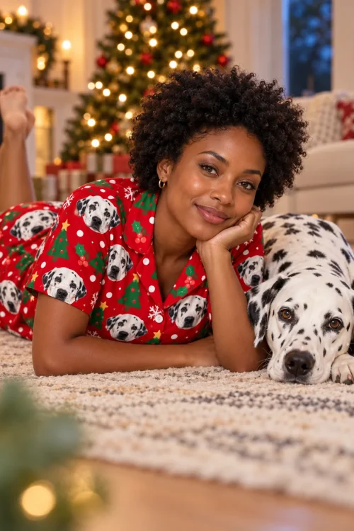 Woman lying on a rug by the Christmas tree next to her dalmatian in a red Christmas dalmatian pj set