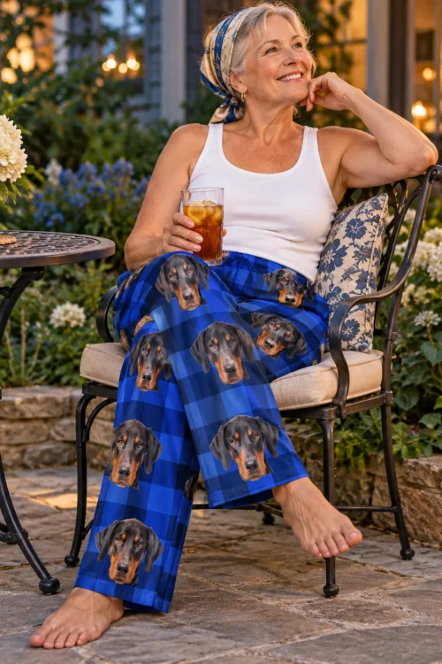 Woman sipping iced tea in a patio chair at dusk, in blue plaid doberman pajamas for women