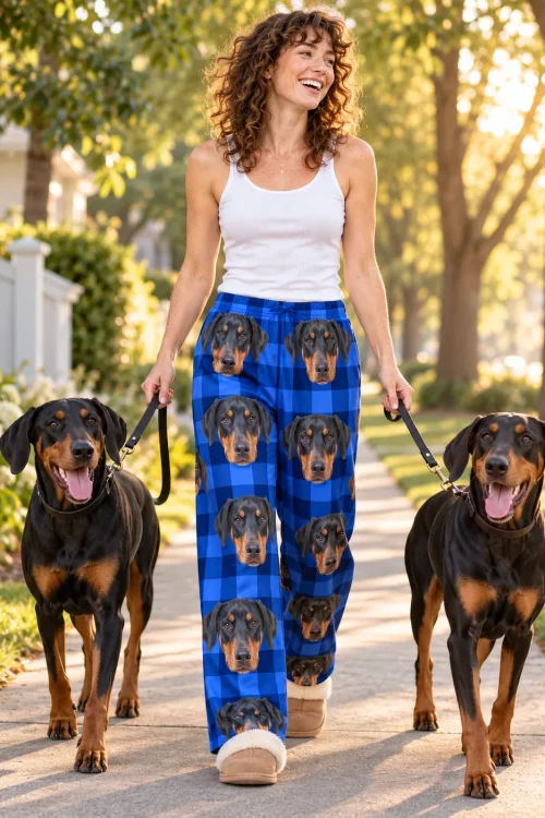 Woman walking two dobermans on leash down a sunny sidewalk in blue plaid doberman pajama pants