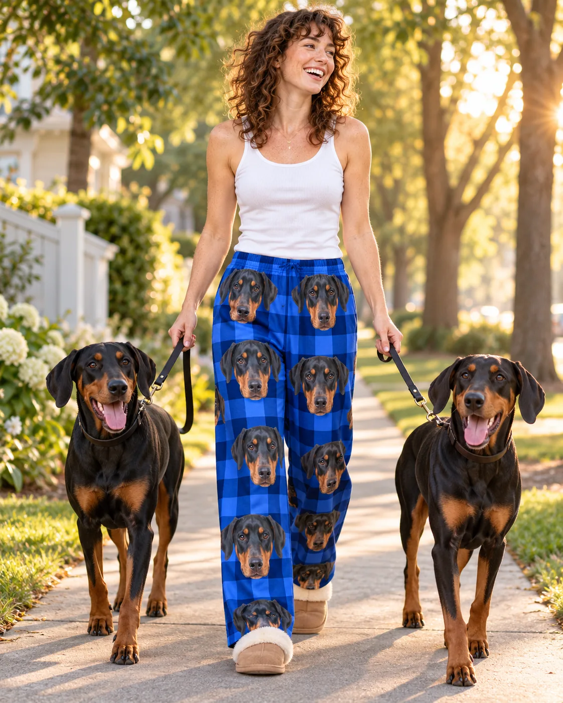 Custom Doberman Pajama Pants for Women — blue plaid with pet | GenzOutfit Woman walking two dobermans on leash down a sunny sidewalk in blue plaid doberman pajama pants