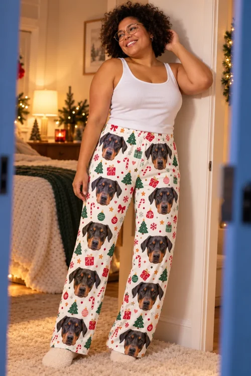 Woman leaning in a doorway in Christmas cream doberman pajama pants, a lit bedroom behind her
