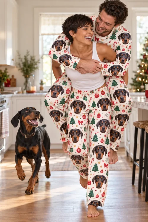 Couple in Christmas cream doberman pajamas on a piggyback ride in the kitchen as the dog trots over