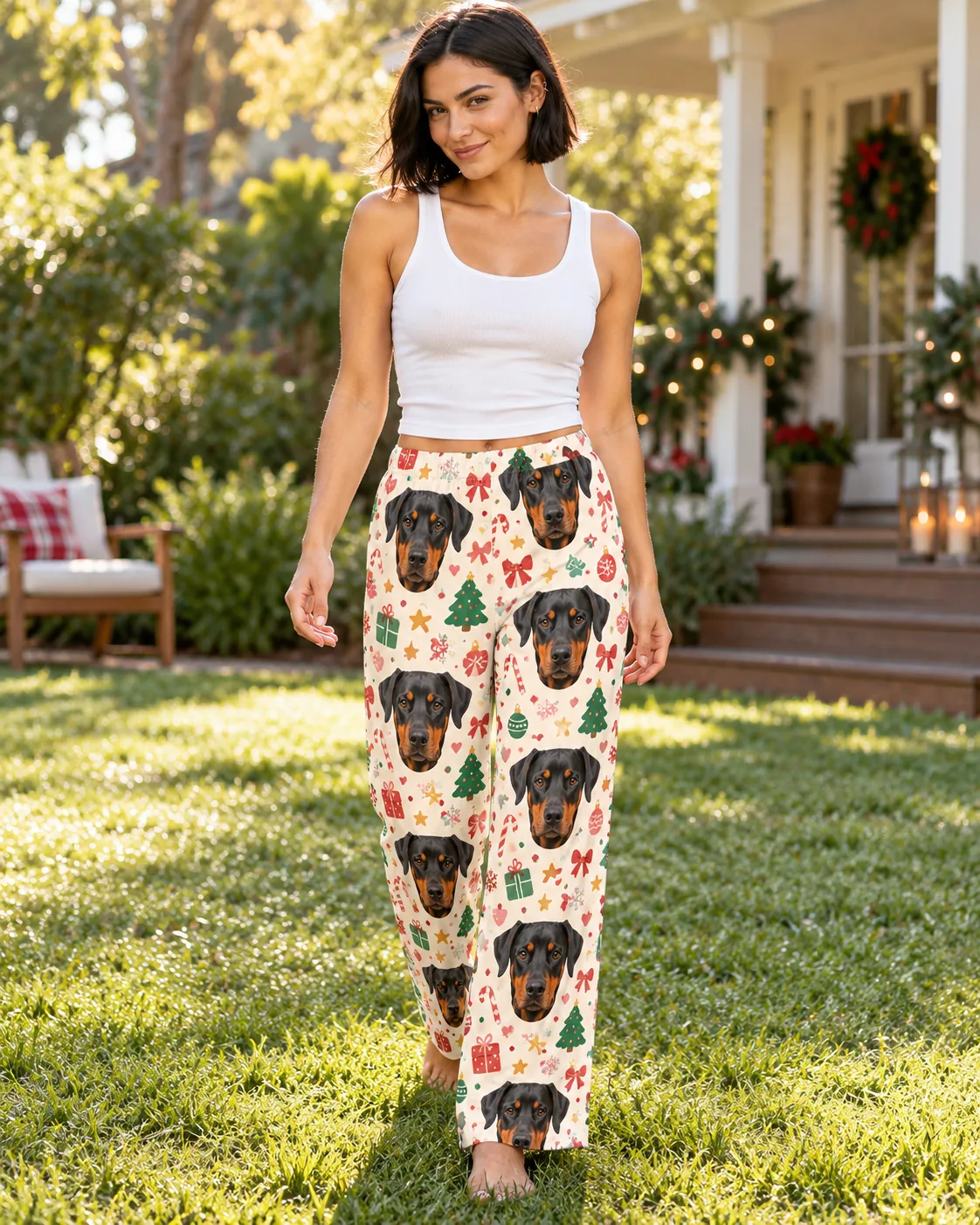 Woman strolling across a sunny lawn in Christmas cream doberman pajama pants, porch wreath behind