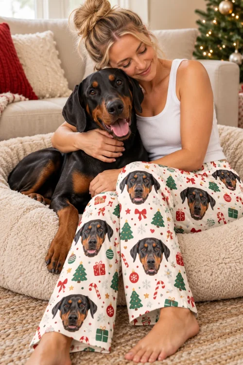 Woman hugging her doberman on a round dog bed by a Christmas tree, in Christmas cream pajama pants