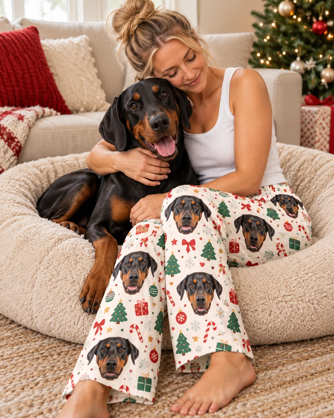 Custom Doberman Pajama Pants for Women — christmas cream with pet | GenzOutfit Woman hugging her doberman on a round dog bed by a Christmas tree, in Christmas cream pajama pants