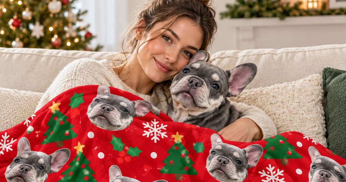 Woman and French bulldog under a red Christmas blanket printed with the dog's face, tree behind