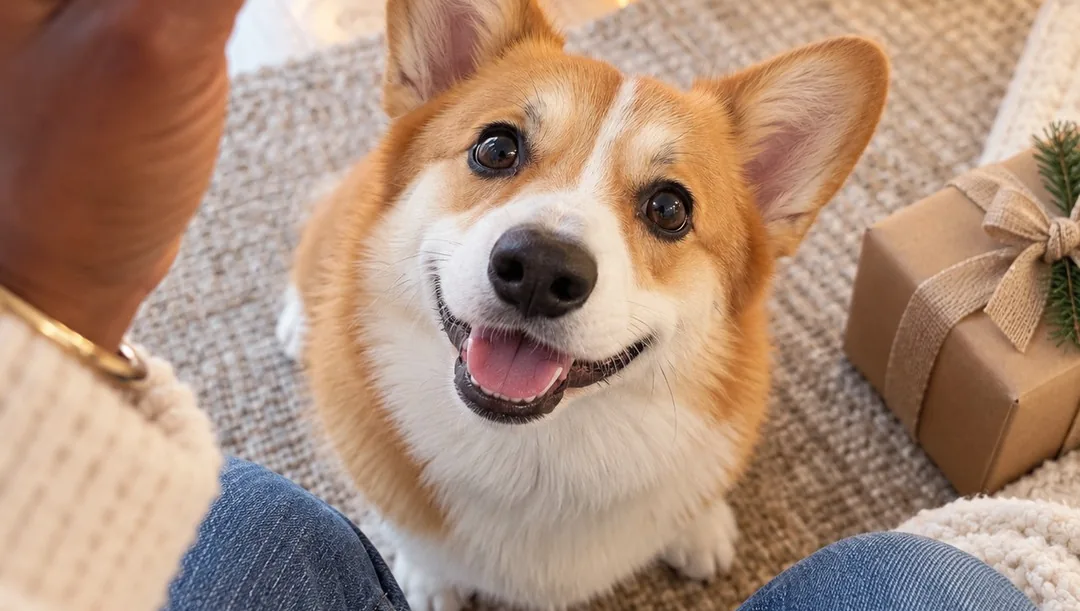 Corgi looking up at a treat held above the camera, a quick trick for a good photo for a dog Christmas gift