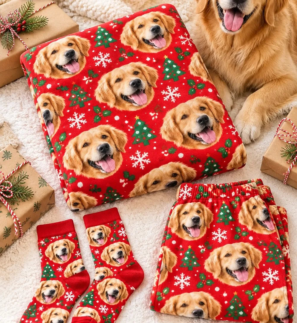 Red Christmas blanket, socks and pajama pants printed with golden retriever faces, a dog Christmas gift set