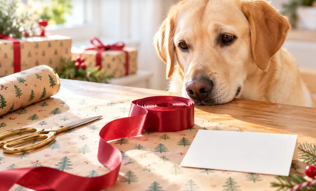Yellow Labrador resting its nose on a table of Christmas wrapping paper, red ribbon and scissors, dog Christmas gifts