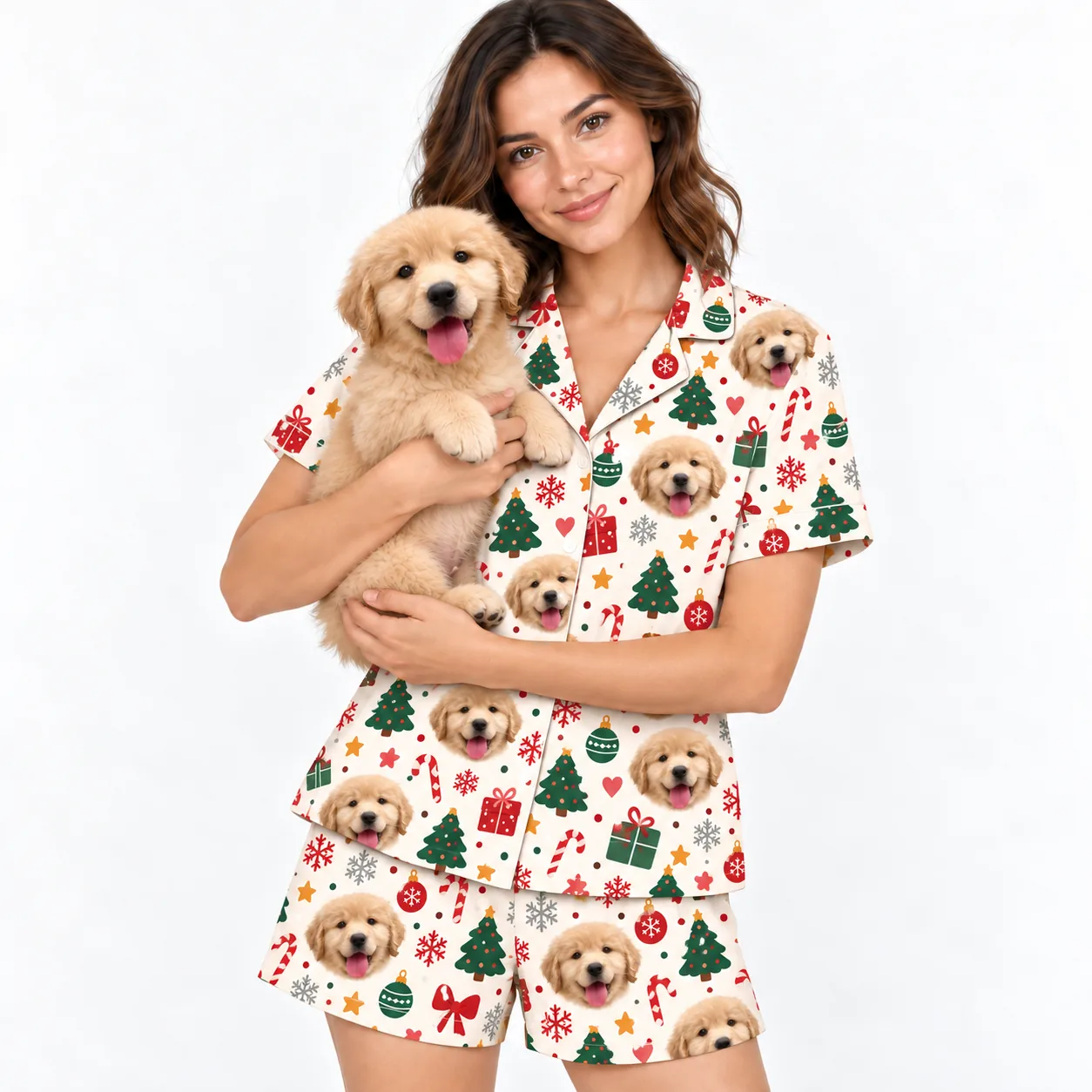 Woman holding a golden puppy in a cream Christmas pajama set printed with the puppy's face