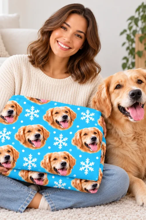 Dog face fleece blanket folded as a gift, held next to the golden retriever it shows