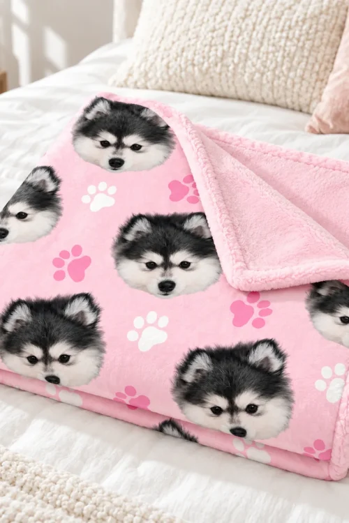 Folded dog face minky blanket on a bed with the plush pink back showing