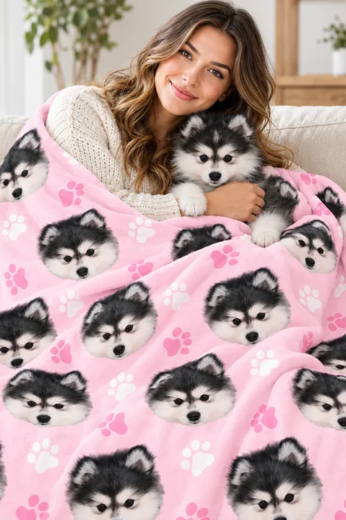 Woman cuddling her husky puppy under the dog face minky blanket